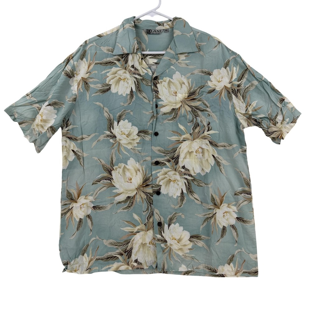 Vintage IOLANI Shirt Mens Medium Green Floral Hawaiian Button Up Aloha